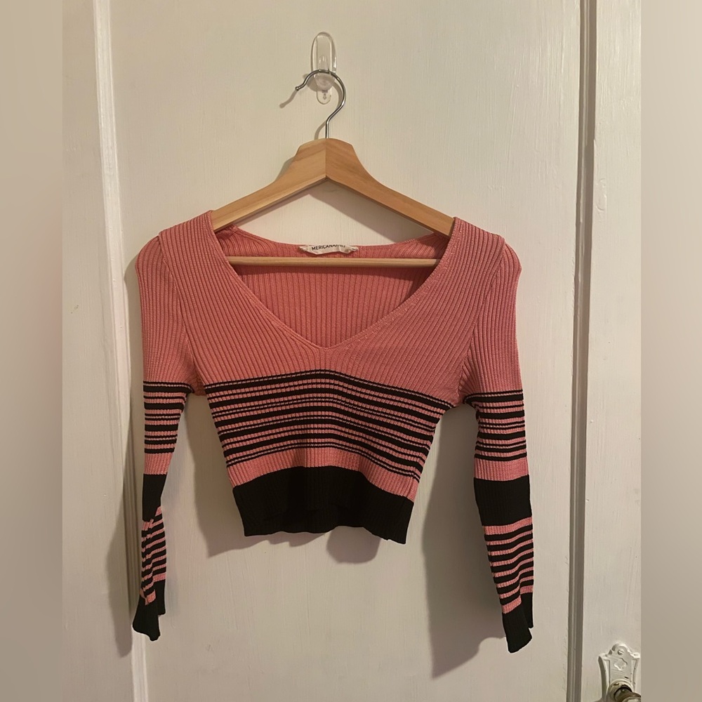 AmericanaKnit Retro Cropped V-Neck Striped Ribbed Sweater Top Size S